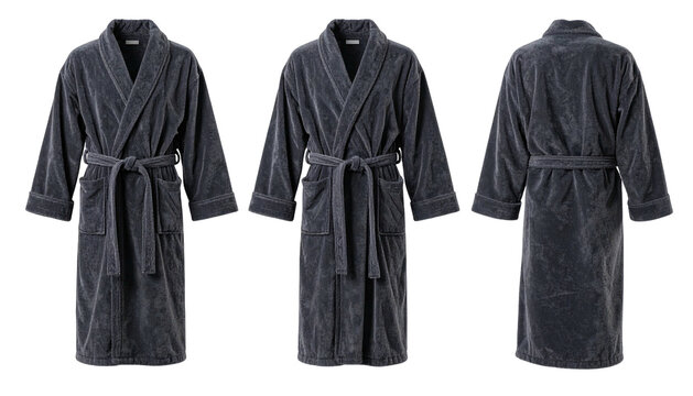 Three views of a gray, soft, plush bathrobe