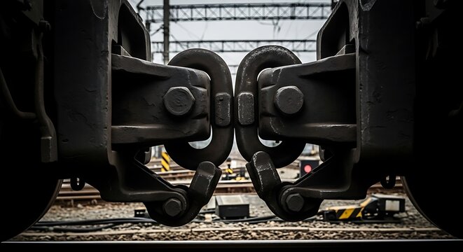 Close up view of a train's heavy steel coupling system connecting two carriages