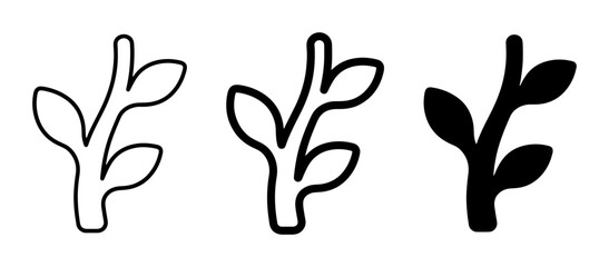 Obraz premium Minimalist Plant Icons, Simple Botanical Vector Graphics, Outline and Solid Fill Leafy Branch Designs for Nature and Growth Concepts
