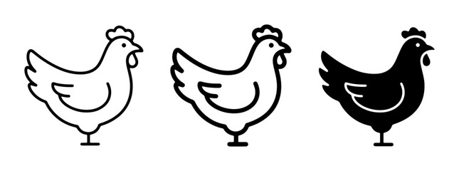 Obraz premium Chicken Icons Set, Farm Animal Vector Graphics, Poultry Silhouette and Outline Illustrations for Food and Agriculture Themes