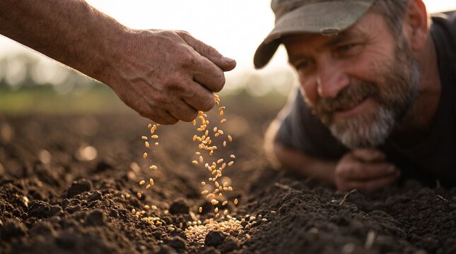 Farmer's calloused hand scattering golden wheat seeds onto tilled dark soil, with a smiling worker in a cap watching in the blurred background under warm sunset sunlight.