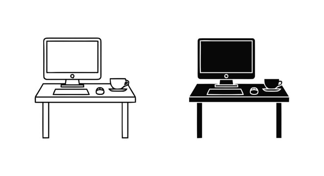 Vector illustration of computer desk with monitor, keyboard, mouse and coffee cup icon set on a transparent background