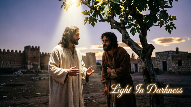 This biblical art depicts Zacchaeus receiving salvation as Jesus calls him down from that tree.