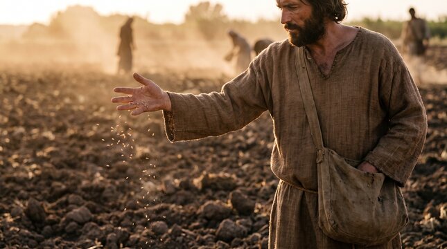 Jesus Christ as the sower scattering grain seeds onto tilled soil from a shoulder bag, illustrating the Parable of the Sower in a dusty field under golden sunset light.