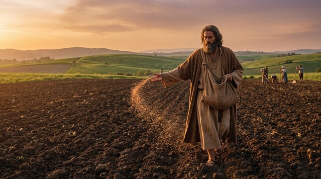 Jesus Christ wearing a traditional brown robe and carrying a sack walks on tilled ground while scattering seeds with his hand, depicting the Parable of the Sower in a field at sunset.