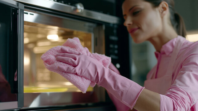 A young woman wearing a pink apron and rubber gloves, cleaning an oven. she is holding a pink microfiber cloth in her right hand and is wiping the oven door with it.