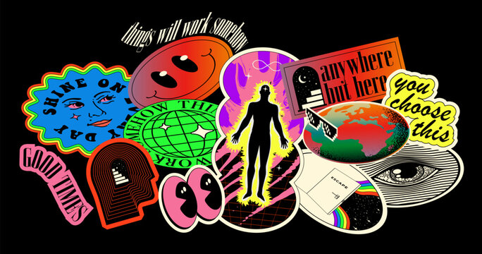 Trendy Y2K Rave Sticker Pack with Cyber Acid Human Silhouette, Liquid Aura Gradient, Surreal Open Mind Eye and Rainbow Escape Elements. Alt Aesthetic Techno Vector Set on Black Background