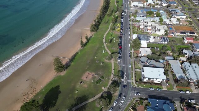 Aerial view of Torquay Australia near Bells Beach Lookout. Start of the Great Ocean Road, cityscape of the city on the shores of the Southern Ocean, travel and tourism.