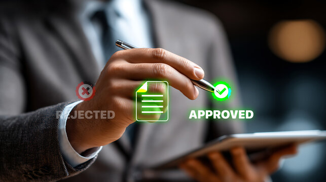 The business person is selecting "Approve" on a virtual touchscreen, which signifies business success.