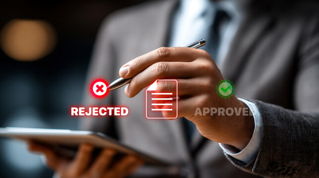 Business professionals are selecting "Reject" on a virtual touchscreen, representing a business failure.