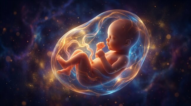 A human fetus glowing within a translucent sac, set against a vibrant cosmic nebula background, symbolizing life's origins.