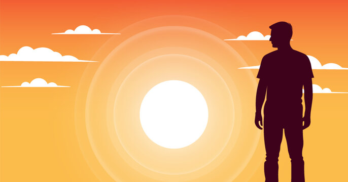 Vector summer poster. Dark silhouette of standing man. Bright sultry yellow sunny sky with white cartoon clouds. Shining sun. Banner. Travel to hot southern countries. Skyscape