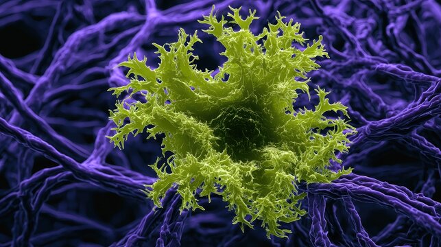 Green, spiky organism amidst a purple, web-like structure
