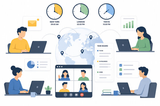 Global Remote Team Collaboration Across Time Zones with Video Calls and Task Management Flat Vector Illustration