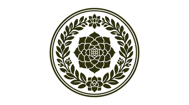 A circular ornamental emblem with a symmetrical floral and leaf pattern, featuring a central rosette design, ideal for decorative purposes or logo elements