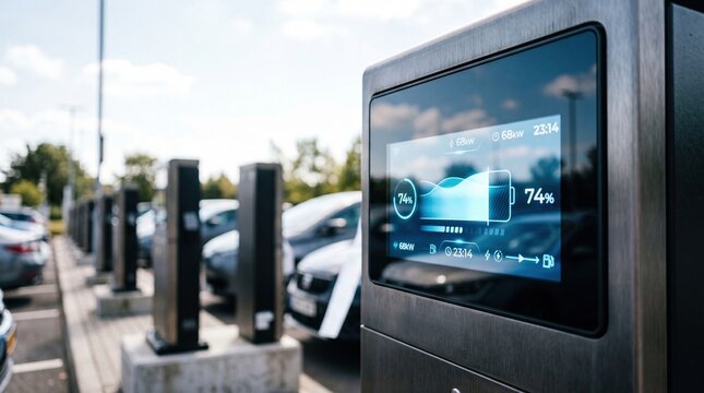 Electric vehicle charging station with digital display. Several parked cars in the background. Clear blue sky and greenery visible.