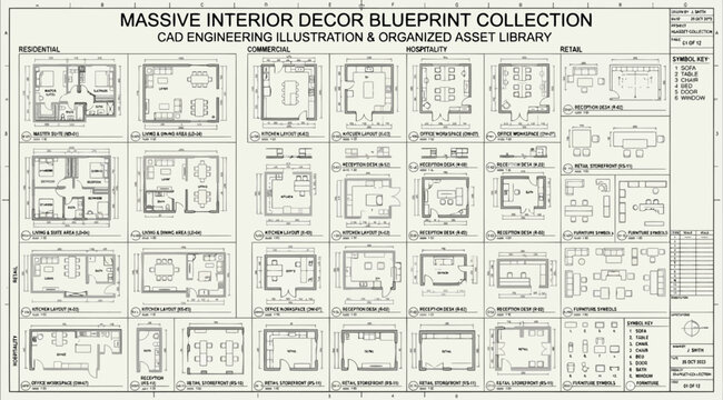 Massive interior decor blueprint collection cad engineering illustration and organized asset library