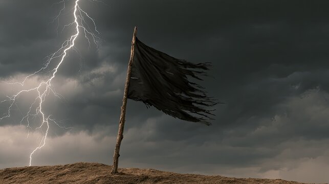 Tattered black flag whips in stormy wind under lightning strike