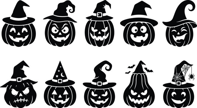 Set of ten black silhouette halloween pumpkins wearing witch hats with spooky and funny faces