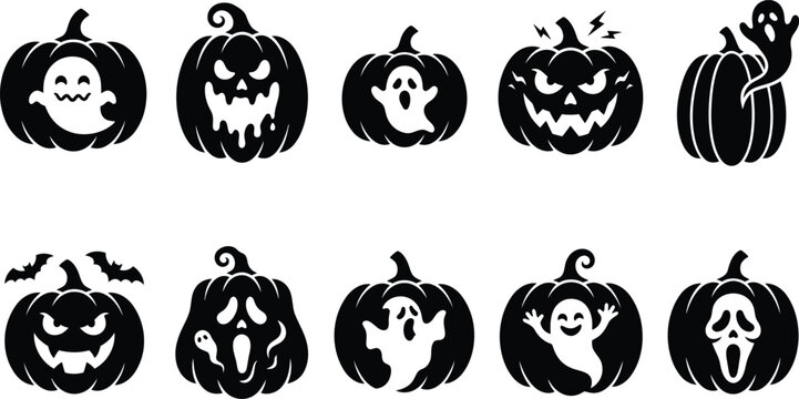 Set of black silhouette halloween pumpkin icons with ghosts and scary carved faces for decoration