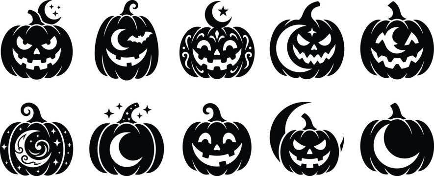 Set of ten black pumpkin silhouettes with moon and star shapes for halloween party decorations
