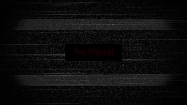 No signal message on a dark grainy television screen with horizontal lines, No signal warning on blank TV screen. Connection lost disrupts transmission and broadcast.