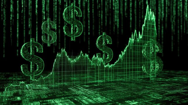 Green digital graph with dollar signs and binary code background