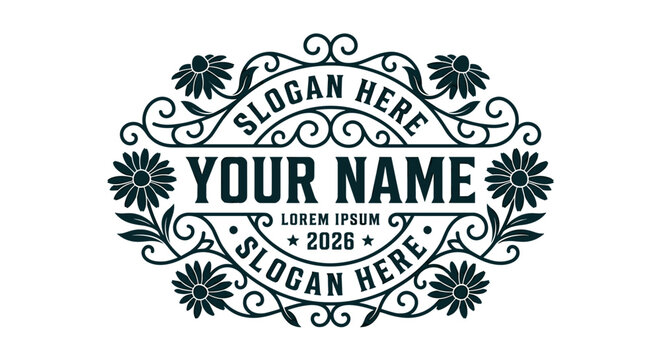 Pixel art vintage ornamental badge with floral elements and text placeholder 'Your Name', 'Slogan Here', and '2026', ideal for retro branding or digital design