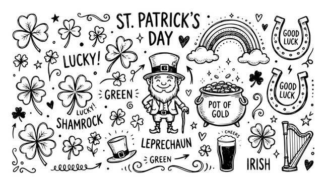 Hand drawn st patrick day elements shamrock leprechaun pot gold rainbow horseshoe clover, black ink sketch vector illustration
