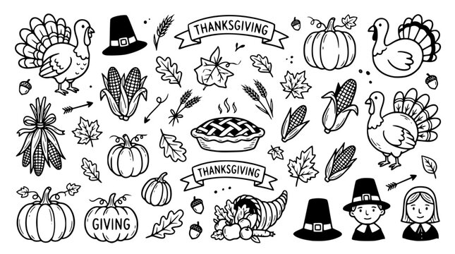 Hand drawn thanksgiving elements turkey pumpkin corn harvest leaf pie pilgrim, black ink sketch vector illustration
