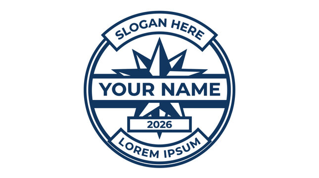 Simple blue and white circular logo with a starburst design and placeholder text, ideal for a brand identity or emblem