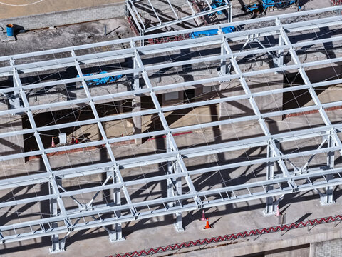 Aerial view of steel frame construction for an airport industrial building