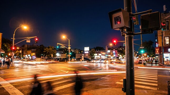 Nighttime urban intersection with traffic lights and blurred pedestrians. City lights illuminate the scene, showcasing a busy street atmosphere.