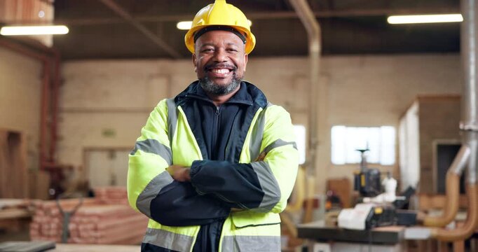 Construction, happy and face of man with crossed arms, confidence or ppe for engineering career. Mature, portrait and African person in safety gear for production, manufacturing or builder in factory