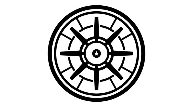 Abstract Dharma Wheel icon or symbol with eight spokes, representing the path to enlightenment and spiritual journey