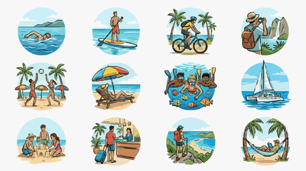 Colorful vintage travel posters with tropical island themes. © Brodin