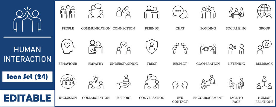 Human interaction icon set. Communication, people, connection, friends, chat, bonding, socializing, group, relationship and more. line vector icons collection.