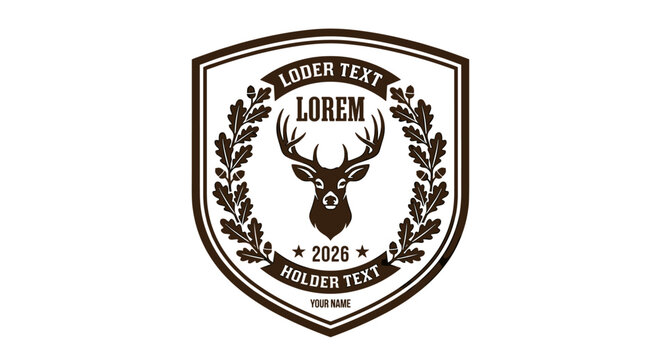 Pixel art deer head crest with lorem ipsum text, classic hunting club emblem, outdoor adventure graphic, rustic forest animal icon