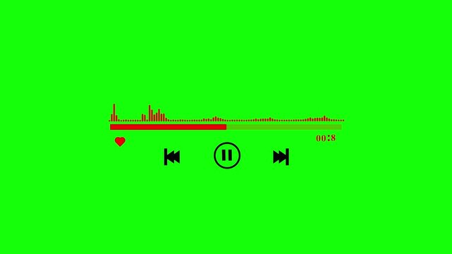 Audio equalizer waveform with play pause skip buttons and heart icon , Abstract soundwave animation visualizes audio playback. Modern interface includes control buttons .