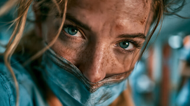 A dramatic extreme close-up portrait of a tired healthcare worker with freckles and intense eyes, wearing a dirty, sweat-stained blue medical mask.