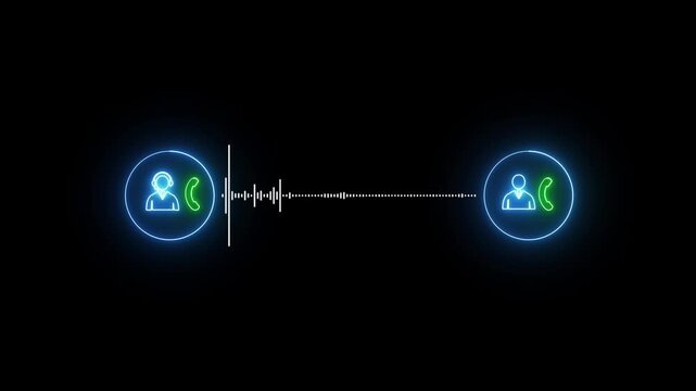 Glowing neon icons representing two people in a call with a waveform visualization, Abstract audio signals track device. Voice and speech patterns enhance content creation and listening.