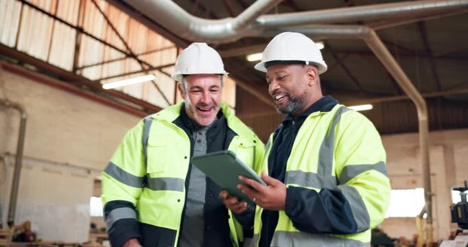Shopfitting, tablet and men handshake in carpentry for subcontractor deal, project success or b2b. Happy, mature carpenters or shaking hands with tech in warehouse for custom design, partners or team