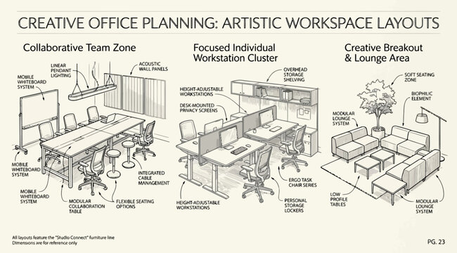 Creative office planning guide featuring artistic workspace layouts for team zones and individual workstations