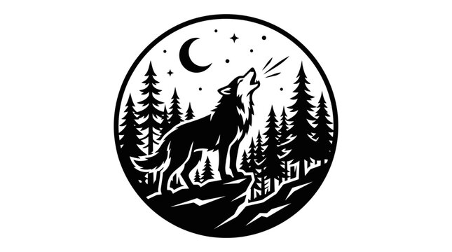 Wolf Howling at Moon in Forest Silhouette