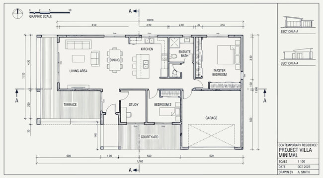 Architectural floor plan for project villa meradal showing layout of living room kitchen bedroom and garage