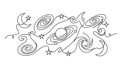 Whimsical Space Doodle: Moon, Stars, Planets, and Galaxies in Continuous Line Art © putra
