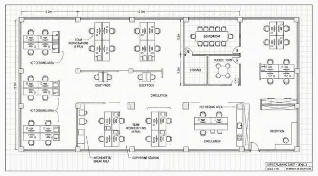 Architectural floor plan of a modern office space with workstation layouts and meeting rooms