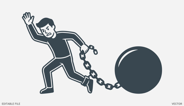 Escaping prisoner with ball and chain vector illustration for freedom punishment crime and justice design