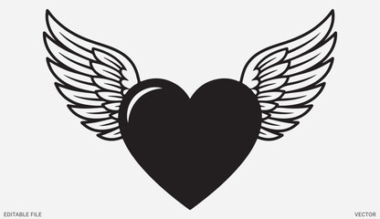 Naklejka premium Romantic winged heart vector illustration icon for love valentines day tattoo and passion graphic design
