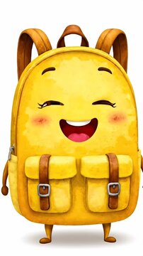 Happy yellow 3D backpack character.